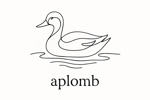 single line drawing of a duck swimming with the words aplomb underneath